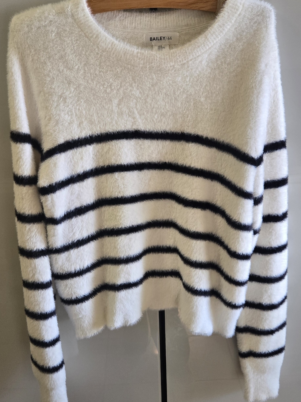Bailey 44 Cream Fuzzy Crewneck with Black Stripes